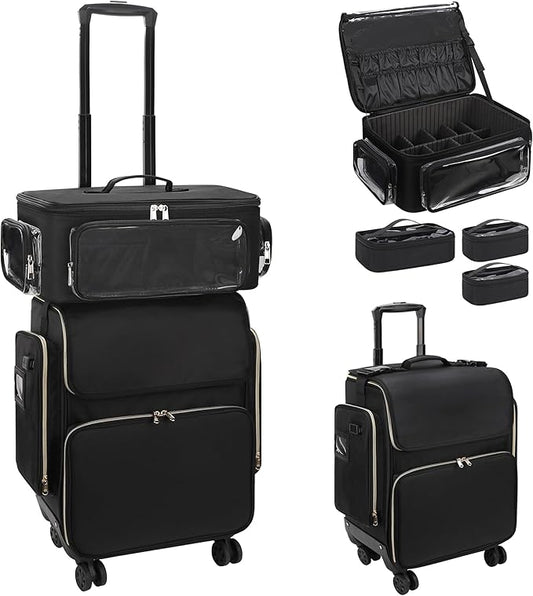 OCHEAL Hairstylist Traveling Case with a Large Makeup Travel Case with side Pocket for Hairstylist, Hairdresser Bag with Detachable Pouch,360Â° Rotatable Wheelsfor Hairdressing Tool Organizer