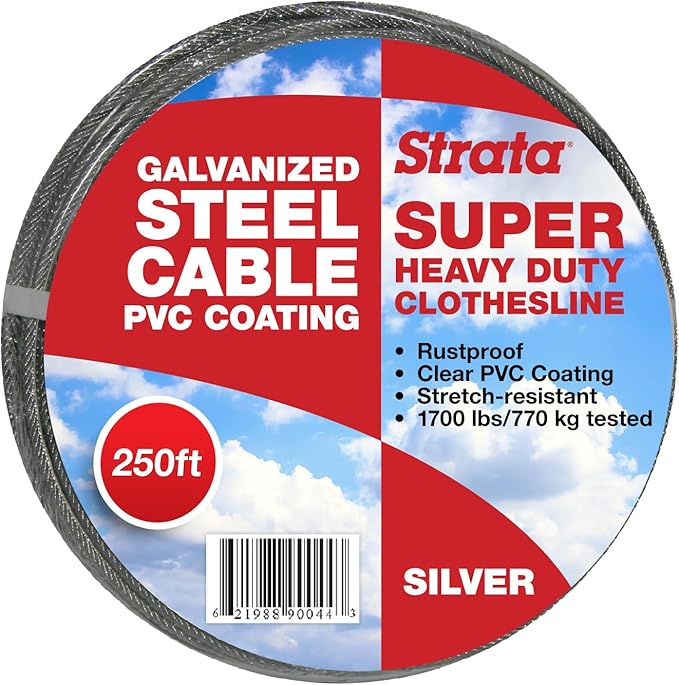 Strata Super Heavy Duty Clothes Line Outdoor â 250 FT Rustproof & PVC-Coated Clothesline Wire, Gentle on Laundry, Easy to Install, Durable Cable â Perfect for Outdoor Drying (Silver