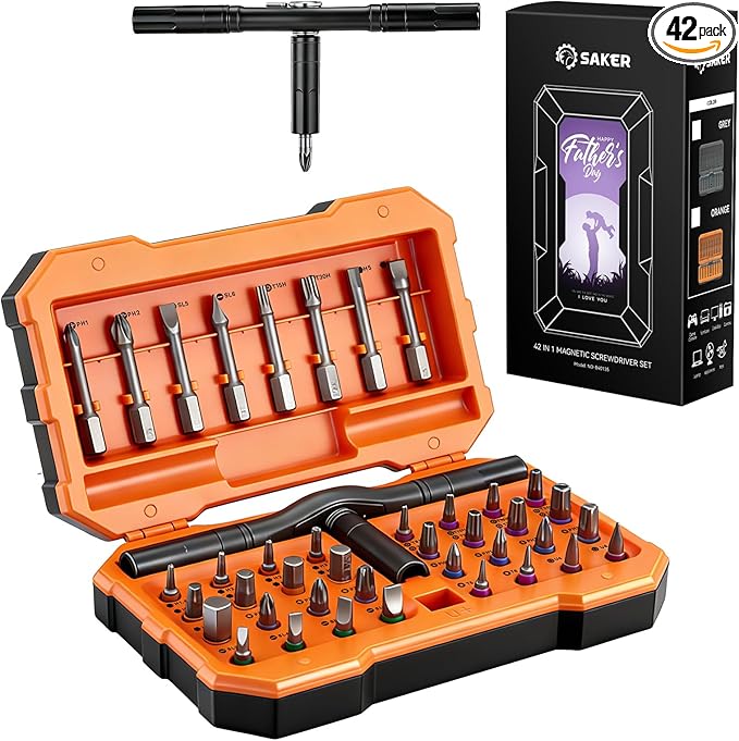 Saker 42-in-1 Magnetic Screwdriver Set for Fatherâs Day Gift, Screwdriver Set with T Handle & Storage Case, for Men Gift, Furniture, Computer, Bicycle, and DIY, Orange