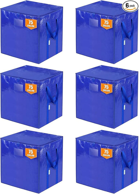 TICONN 6 Pack Extra Large Moving Bags with Zippers & Carrying Handles, Heavy-Duty Storage Tote Moving Boxes for Space Saving (6 PK, 75 Gallon)