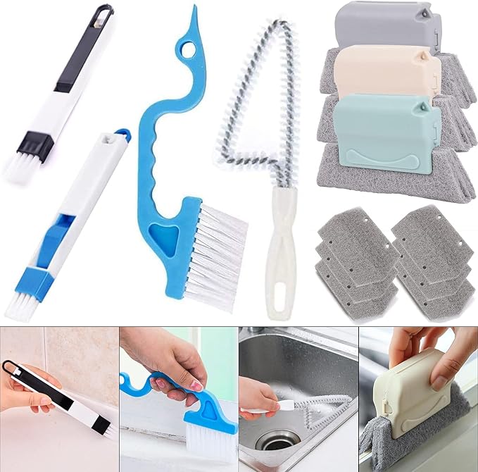 Window Track Cleaner Tool Set, 13 Pcs Magic Window Sill Cleaning Tools Kit with Groove Cleaning Brush for Door Tracks, Tile Lines, Shutter, Car Vents