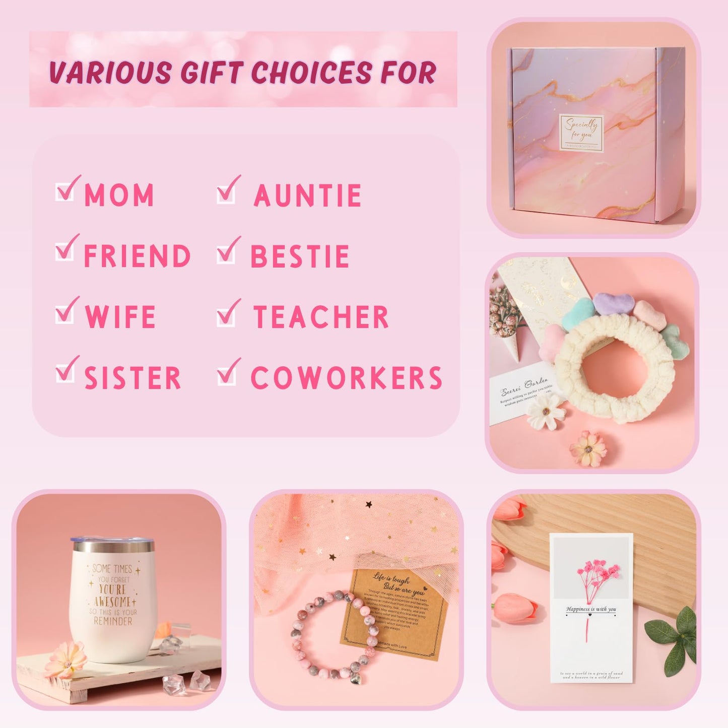 Happy Birthday Gifts for Women, 9pc Get Well Baskets, Pink Self Care Package Relaxing Spa Bath Thinking of You Gift Set for Gf Sister Friend Nurse Daughter Teacher Mother Christmas