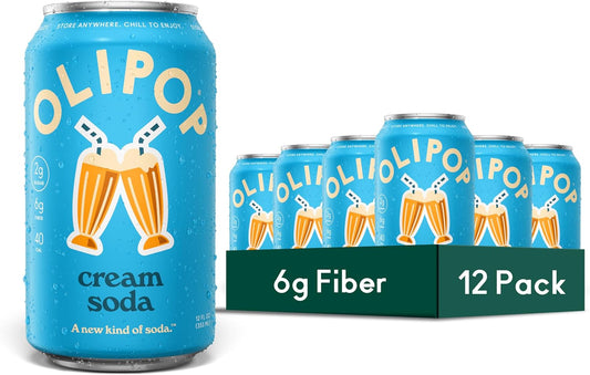 OLIPOP Prebiotic Soda Pop, Cream Soda, Pantry Pack Packed with Prebiotics, Fiber, and Botanicals, Gluten Free, GMO Free, 12oz (12-Cans)