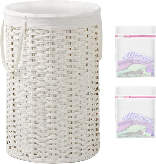 34.3 Gal (130 L) Large Laundry Hamper Laundry Basket Round Handwoven Wicker Laundry Baskets Rattan Laundry Basket with Removable Bag Handles 2 Mesh Bags for Living Room Bedroom White (No Lid)