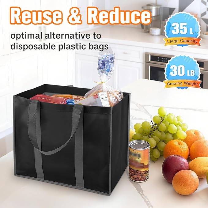 WISELIFE Reusable Grocery Bags with Handles - 8 Pack, 35L Large Shopping Bags for Groceries, Water-Resistant & Foldable Grocery Totes for Lasting Use for Kitchen, Market, Car Trunk, Picnic (Black)