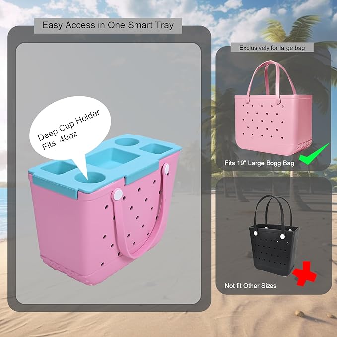Topper Tray for Bogg Bag Large Only – Waterproof EVA Table Top Organizer Lid with Cup Holder, Snack, Phone & Drink Holders for Beach, Pool, Picnic, Travel (Blue)