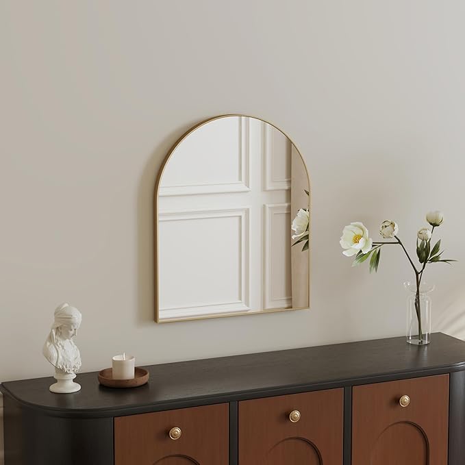 15x23 Inch Compact Gold Arched Mirror Perfect for Small Bathroom Vanity & Decorative Wall Use Space-Saving Brushed Metal Frame Arch Mirror for Bathroom Living Room Bedroom or Entryway