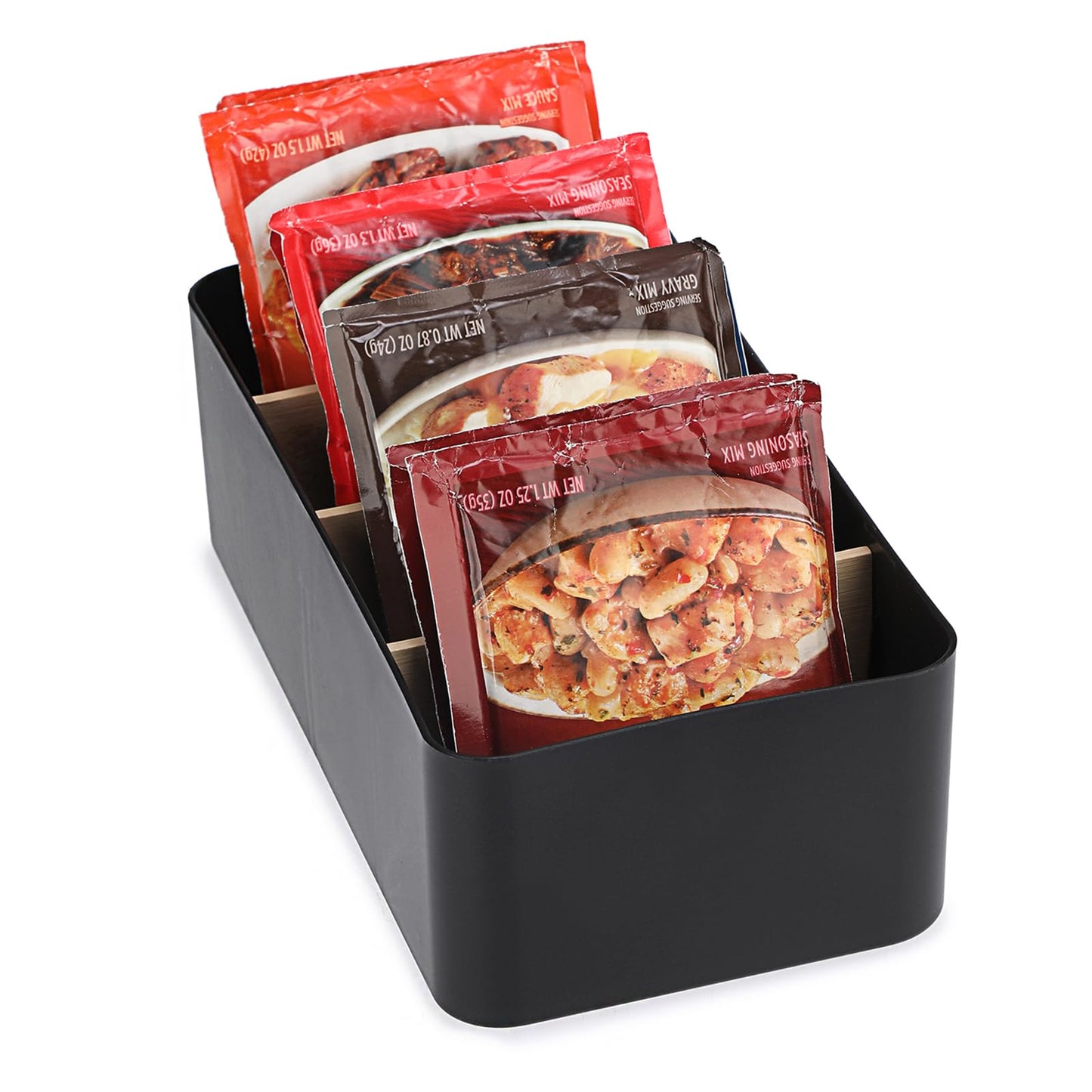 BSTKEY Seasoning Packet Organizer, Food Storage Organizer with Divided 4 Bamboo Wood Compartments, Black Plastic Storage Caddy for Pantry Cabinet, Kitchen Organization Bin for Snacks Spice Packets