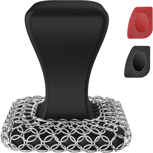 TOPULORS Cast Iron Scrubber & Scraper Kit, 316 Stainless Steel Cast Iron Skillet Cleaner Chainmail Scrubber for Cast Iron Pans Dish Scrub Brush Chain Link Scouring Pad for More Pot Cookware Cleaning