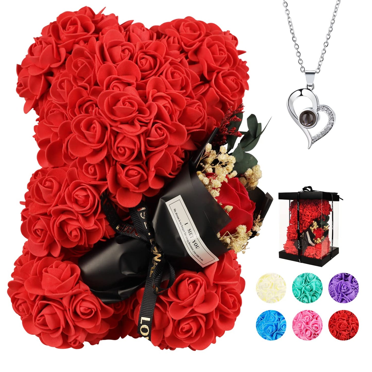 Rose Bear Birthday Gift for Women, Flowers Gifts for Mom Wife Grandma Daughter Friends Sister Her,Artificial Flowers Teddy Bear with Bouquet,Greeting Card,Mother's Day Christmas Valentines