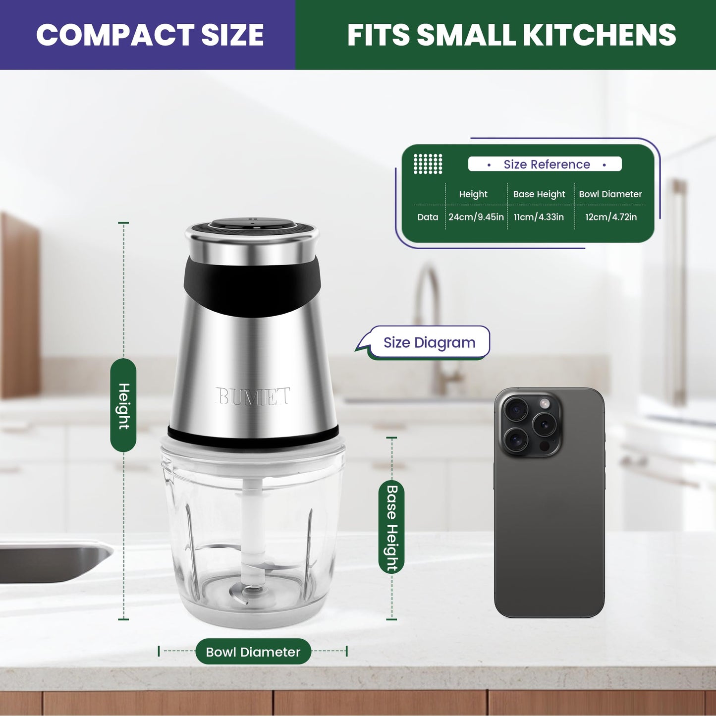 BUMET Electric food processor vegetable chopper 500W one 2.5cup bowl one bi-layer 4 blades Mini Food chopper for home use,Mincing, and Puree for kitchen aid, baby foot