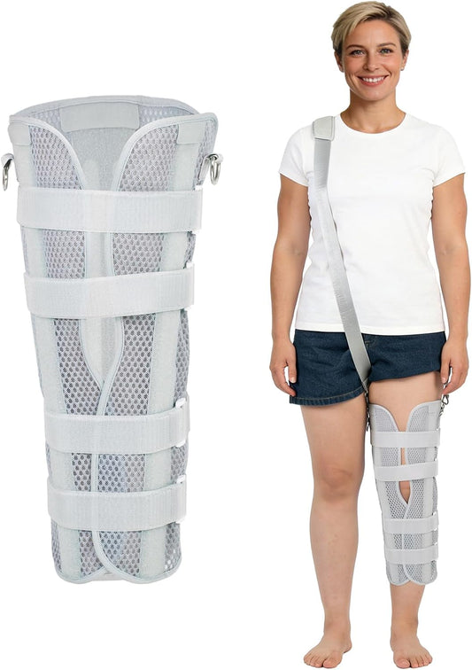 Knee Immobilizer Brace for Men Women, Adjustable Leg Splint with 4 Rigid Aluminum Splints for Post-Surgery Recovery, Breathable Knee Support for Injury with Free Walking Assistance Strapr (gray,M)