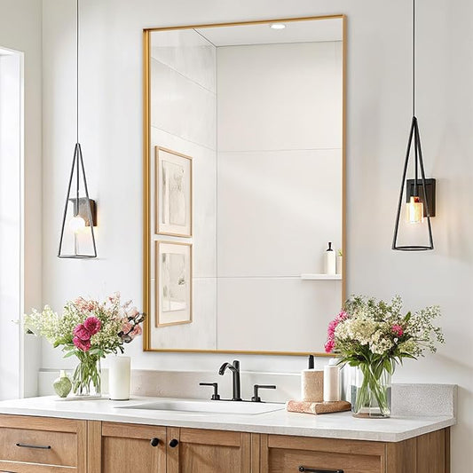Melodieux Wall Vanity Bathroom Mirror for Over Sink, 24"x36" Rounded Rectangle Metal Deep Frame Wall Mounted Mirror Wall Decor for Living Room Hallway, Gold