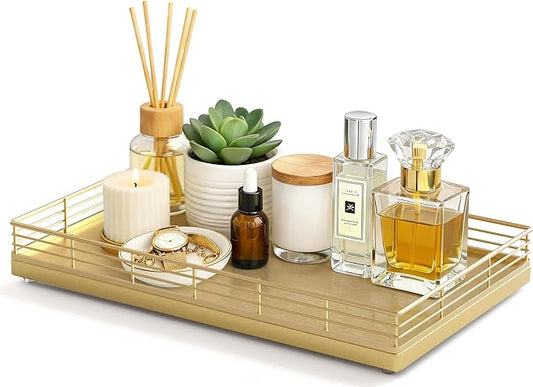 Large Bathroom Vanity Tray â 13" x 8" Oak Decorative Wooden Tray for Bathroom Countertop & Vanity Organizer, Rectangular Wood Tray for Perfume, Skincare, Storage, Vanity Dresser Counter Decor, Gold
