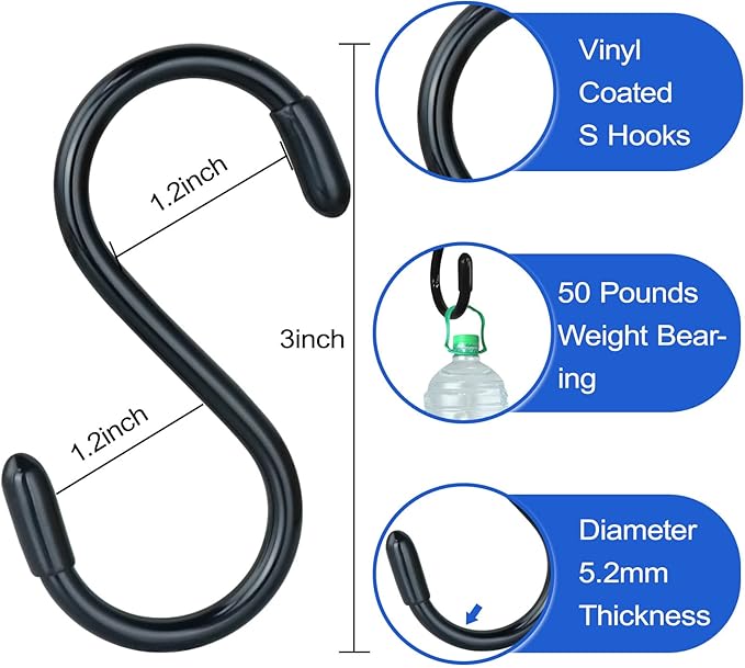 DINGEE 30 Pack Vinyl Coated Heavy Duty S Hooks for Hanging Plants, Clothes, Non Slip Steel Metal Black Rubber Coated Closet S Hooks for Hanging Jeans, Jewelry, Pot, Pan