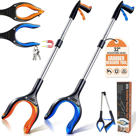 2-Pack 32" Grabber Reacher Tool, LEGENDONE Extra Long Pickup Tool Foldable Reacher Grabber for Senior, Wide Claw Trash Picker Heavy Duty Upper Gripper w/Magnet, Essential for Health Surgery Recovery