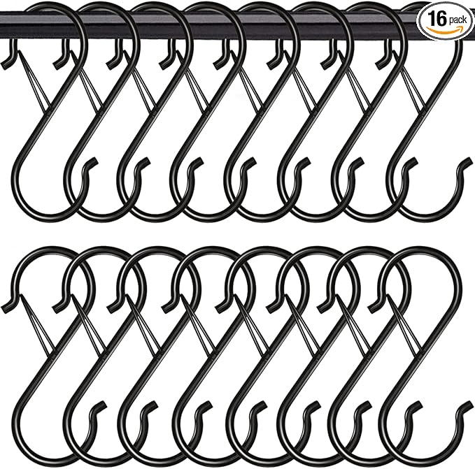 Waitkey 16 Pack S Hooks for Hanging, 3.5 inch Heavy Duty Metal S Hooks with Safety Buckle S Shaped Hooks Pot Rack Closet Hooks for Hanging Plants, Clothes, Kitchen Utensil, Pots, Pans, Bags (Black)