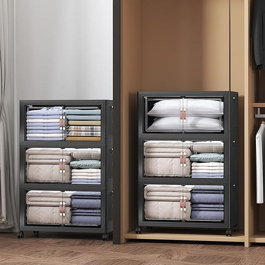 Extra Large Stackable Storage Bins with Lids & Wheels & Door, 312QT-52QT/13GAL*6Pack Foldable Collapsible Closet Organizers, Plastic containers drawers for bedroom Dorm