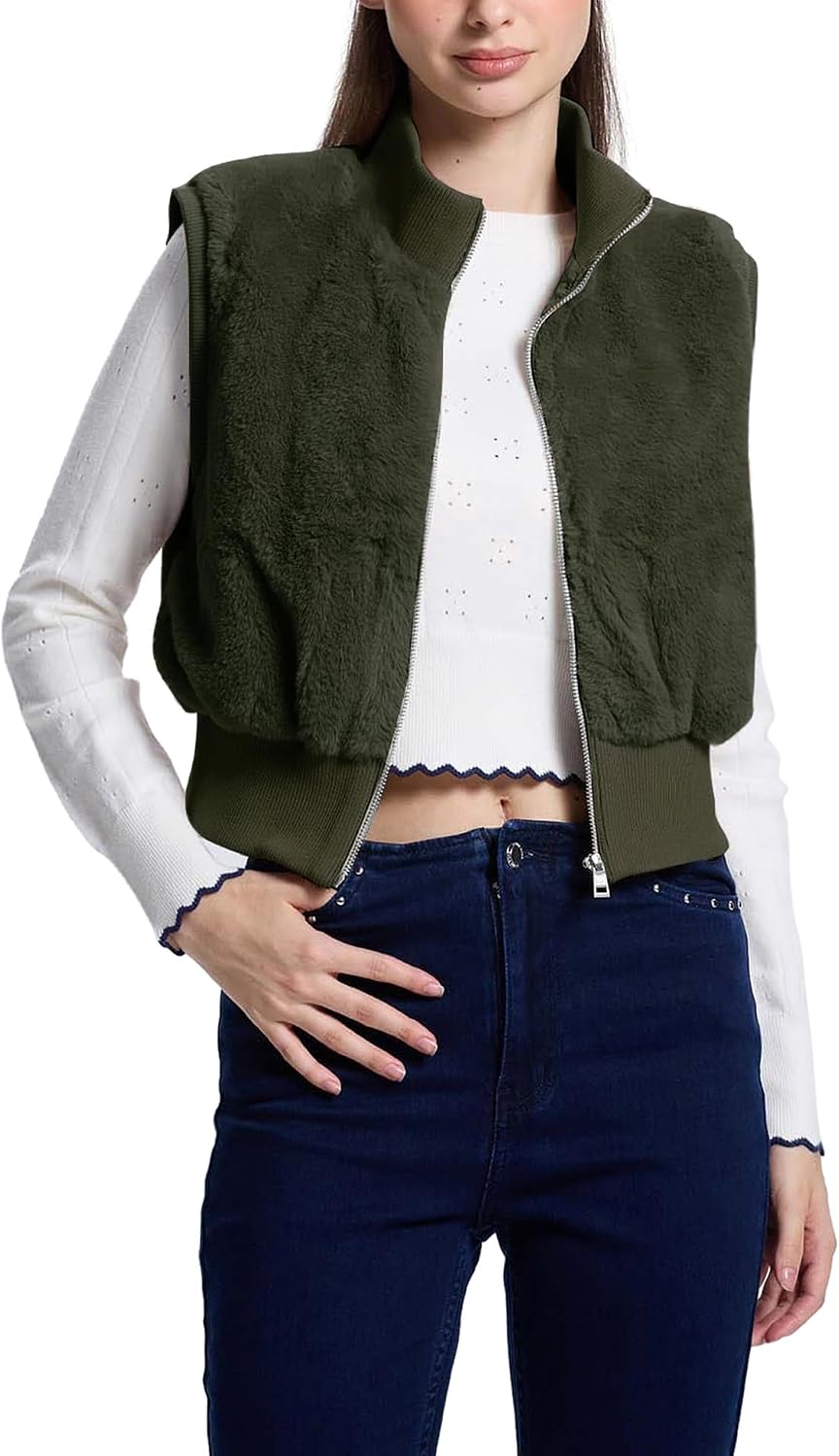FASHIONSPARK Womens Cropped Faux Fur Vest Sleeveless Jacket Zip Up Fuzzy Sherpa Coat Shaggy Ribbed Warm Outerwear