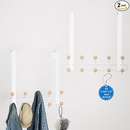 2 Pack Over The Door Hooks(13.8" H) with 10 Wooden Knobs, Over Door Hanger, Heavy Duty No Drill Hanger for Towels, Coats, Hats, Bags in Bathroom, Bedroom, Kitchen, Living Room