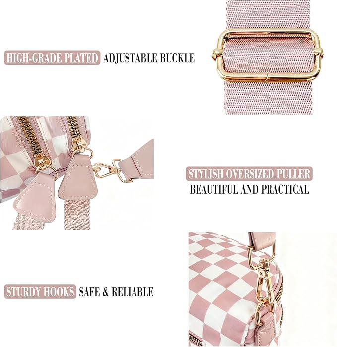 Checkered Crossbody Bag for Women, Spacious Sling & Stylish Bum Bag for Travel, Concerts, Festival, Nylon Fanny Pack Belt Bag (Colour Bum Bag-Pink Checkered)