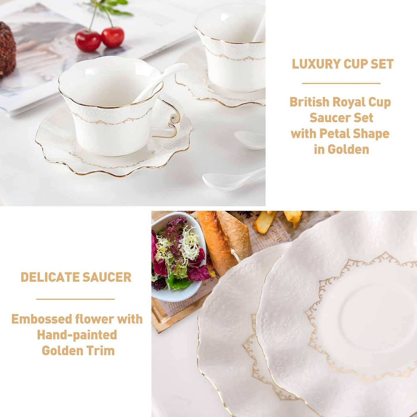 DUJUST Tea Cups and Saucers with Golden Trim,Set of 6 (7 OZ), Luxury Relief Printing Coffee Cups with Metal Stand, British Royal Porcelain Tea Party Set - White