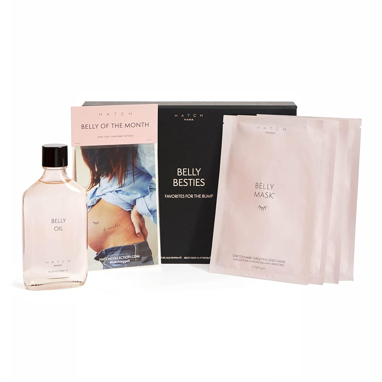 HATCH Belly Bestie Kit - Belly Oil, 4 Belly Masks, & Non-Toxic Belly Tattoos - Maternity Essentials - Belly-Centric Faves Perfect Maternity Gift