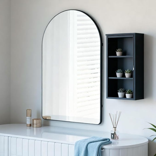 30x40 inch Black Tempered Glass Large Arched Mirror for Bathroom Vanity Mirror or Wall Decor Arch Mirror Brushed Metal Frame Wall Mounted Mirror for Bathroom