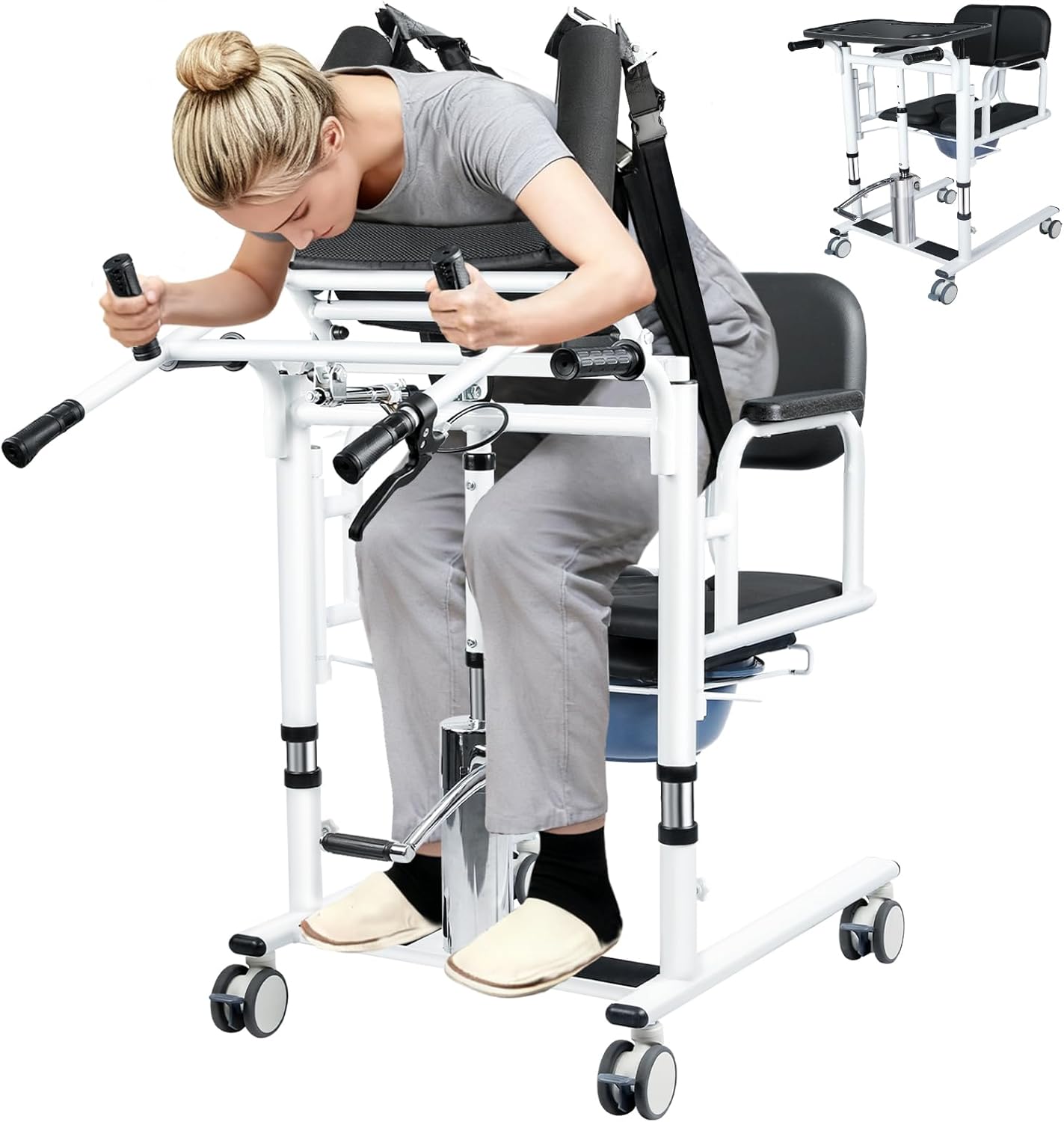 Patient Lift Transfer Chair for Home, Hydraulic Patient Lift Nursing Chair with Height Adjustable & 180° Split PU Leather Thickened Sponge Seat for Elderly from Bed to Toilets/Bathroom/Sofa