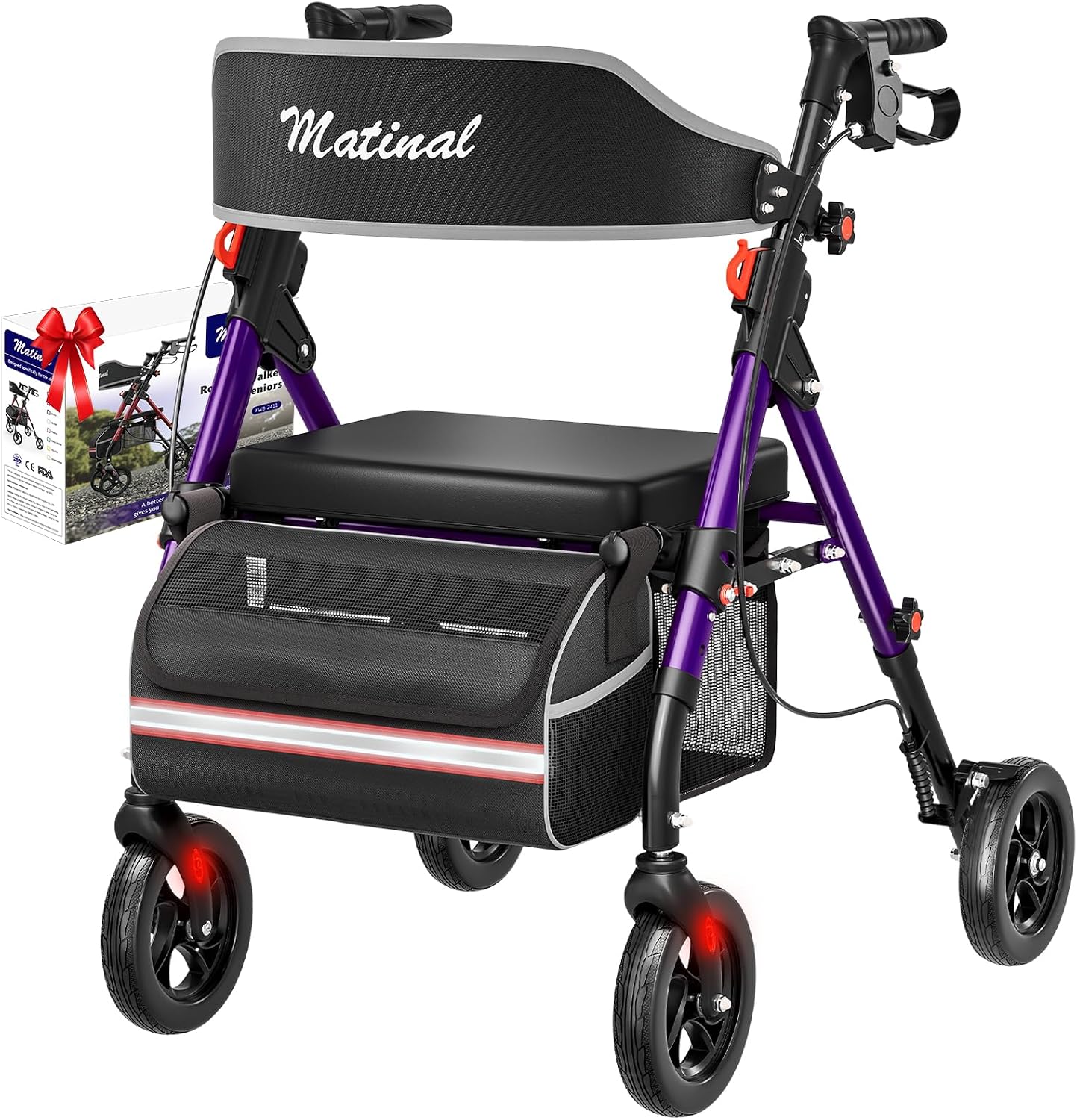 Walkers for Seniors, Rollator Walker with Seat, Walkers for Seniors with seat, 350 lb Capacity,with 8'' Big Wheels, Rolling Walker (Purple)