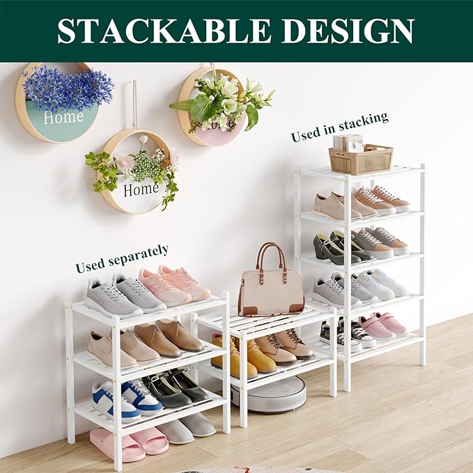 Smiry Small Bamboo Shoe Rack 5-Tier, Stackable Wooden Shoe Organizer for Entryway & Closet, Free Standing Wood Shoe Storage Shelf for Front Door & Small Spaces, White