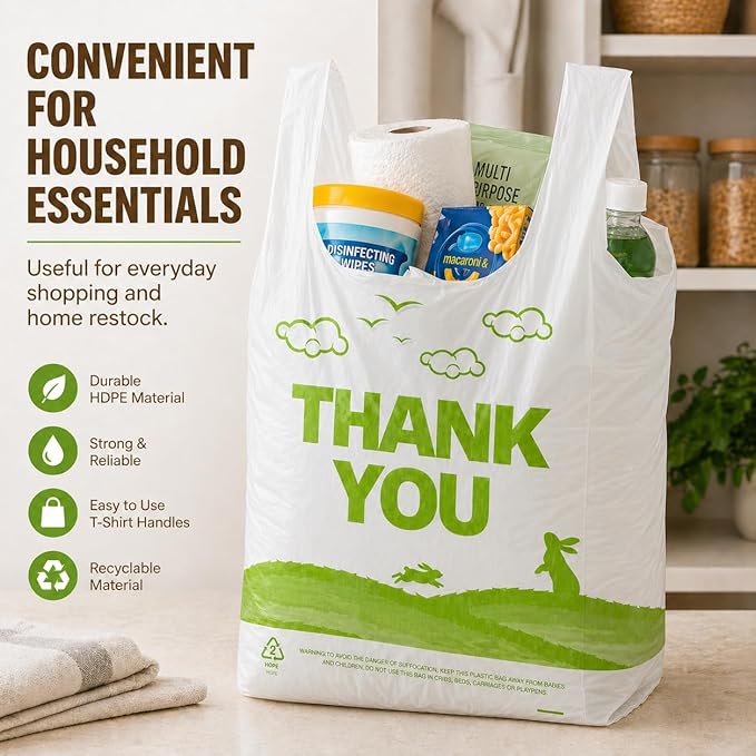 YoYoRain White Thank you T shirt bag, Grocery shopping bag Reusable and Disposable Supermarket Bag 11''x6''x21'' 300PCS