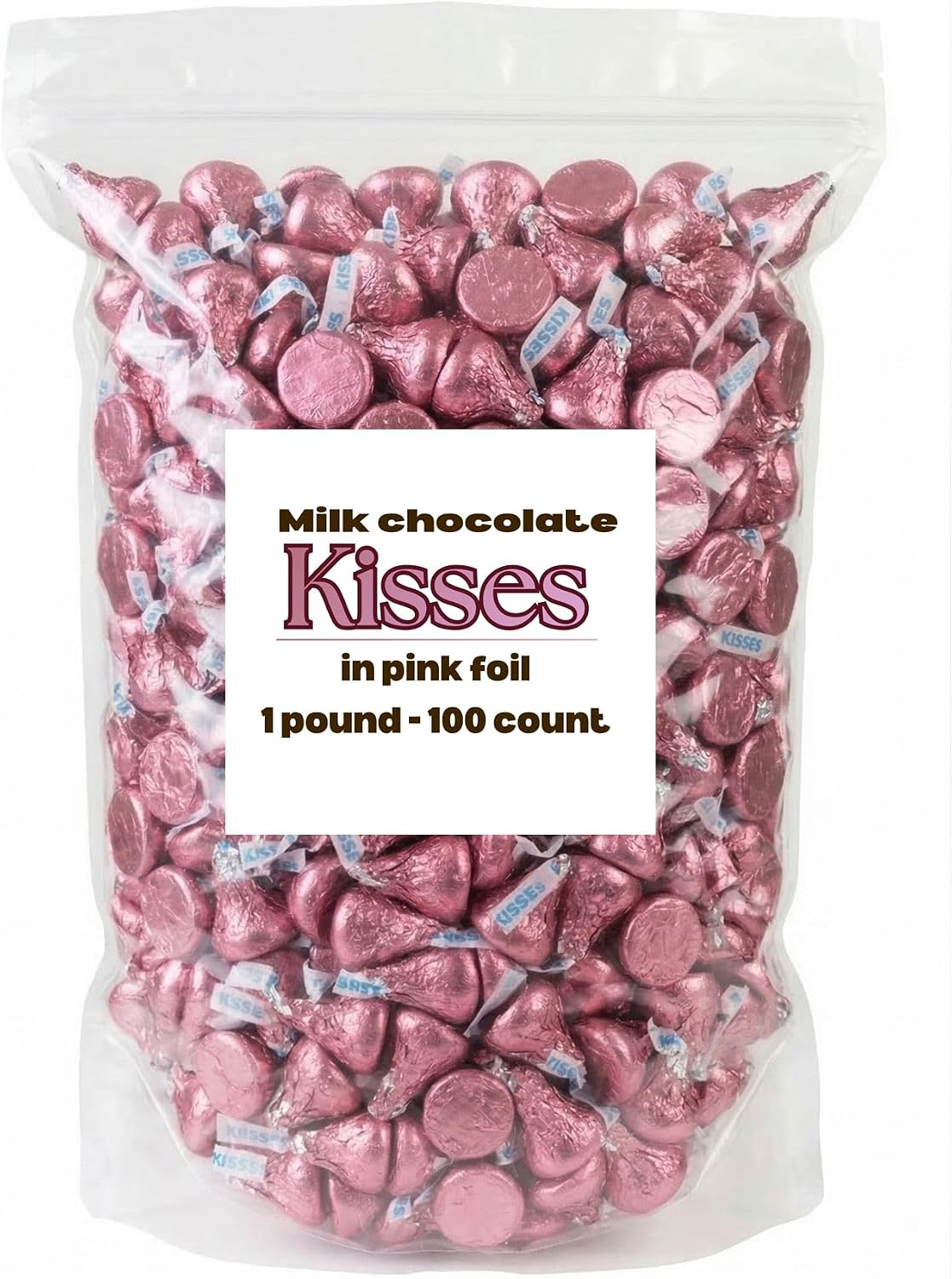 KISSES Milk Chocolate Candy, Individually Wrapped in Pink Foil, Comes in 1lb Bulk Resealable Pouch (Approx 100pcs) - Perfect for Baby Shower, Wedding Favors, Birthday Parties, Candy Buffets & Everyday Snack