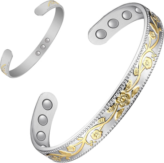 Feraco Copper Bracelet for Women, Ultra Strength Magnetic Bracelets, 99.99% Pure Copper Cuff Bangle with 3500 Gauss Neodymium Magnets, Adjustable (Silver & Gold)