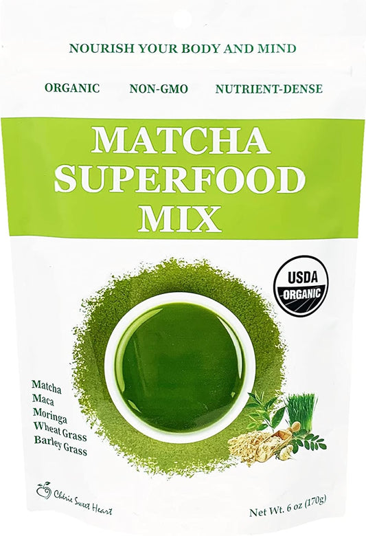 Cherie Sweet Heart Matcha Powder Green Superfood Mix, Non-GMO Mixed Greens, Plant Based, Focus & Energy, Organic Green Tea Powder, Natural Caffeine Drink Mix (6oz, 34 Servings) (Packaging May Vary)