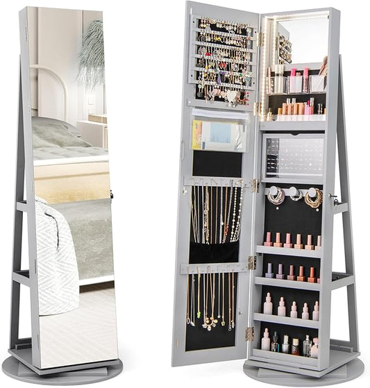 Mirror Jewelry Cabinet Standing with Full Length Mirror, 360Â° Swivel Jewelry Armoire with 3-Color LED Lights & Foldable Makeup Shelf, Lockable Organizer for Women, Space-Saving (Gray)