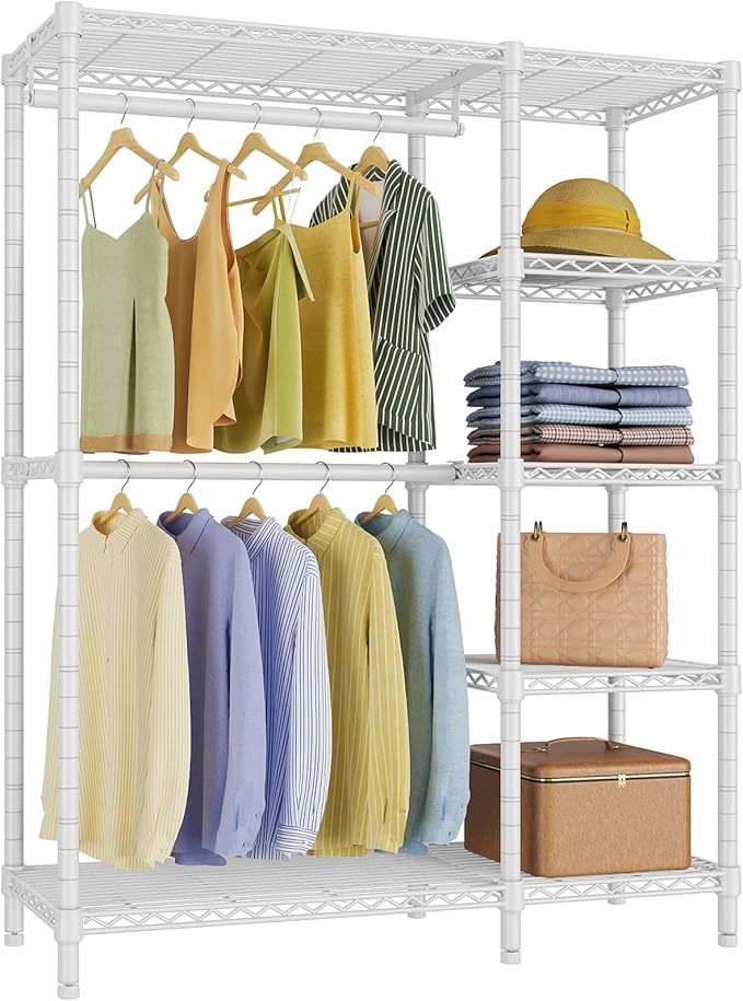 VIPEK V7 Garment Racks for Hanging Clothes Heavy Duty Clothes Rack with Shelves, Portable Closet Rack Metal Clothing Racks 5 Tiers Freestanding Closet Wardrobe System, Max Load 670lbs, White