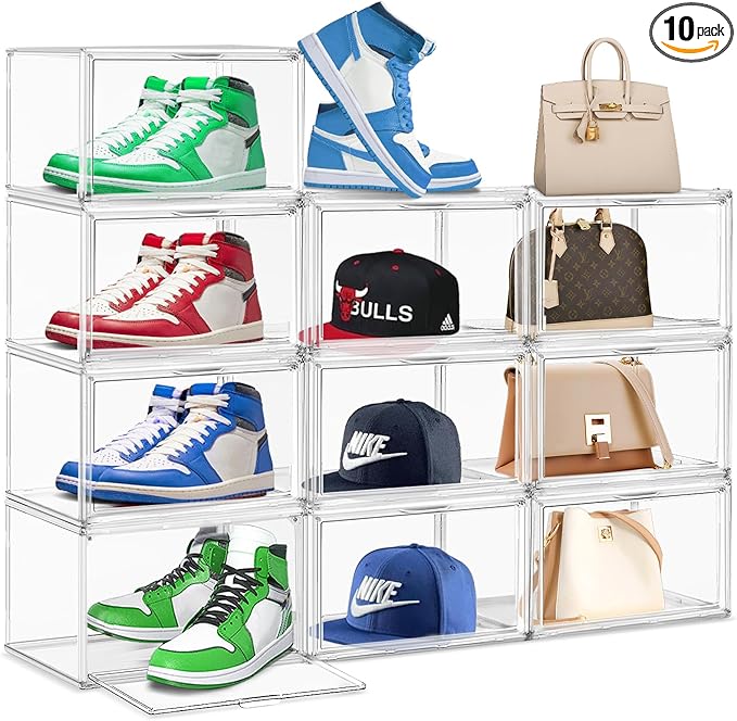10 Pack Crystal Clear Acrylic Shoe Box Size 15, Stackable Sneaker Display Case with Magnetic Door, Dustproof Shoe Organizer for Shoes Toy Hat Collectible Storage in Entryway, Hallway, Closet, Underbed