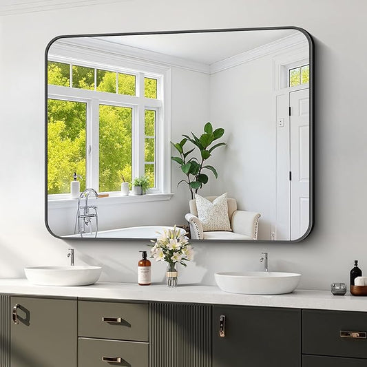 Koonmi Black Framed Bathroom Mirror - 36x48 Inch Shatterproof Tempered Glass Vanity Mirror for Bathroom Sink, Wall Mounted with Matte Aluminum Alloy Frame, No Distortion, Modern Decor