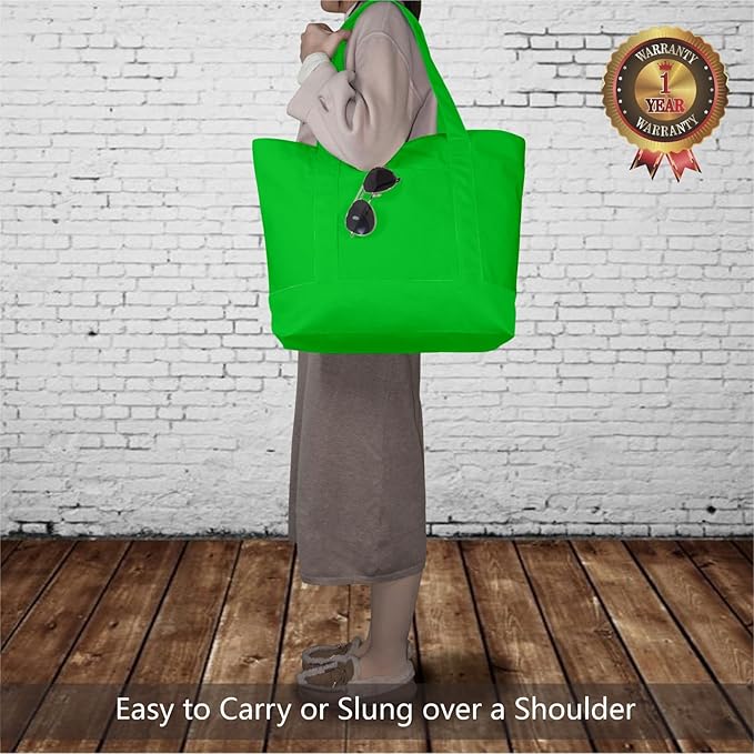TOPDesign 6-Pack Canvas Tote Bags with an External Pocket, Reusable Grocery Shopping Bags, Top Zipper Closure, Daily Essentials (Lime Green)