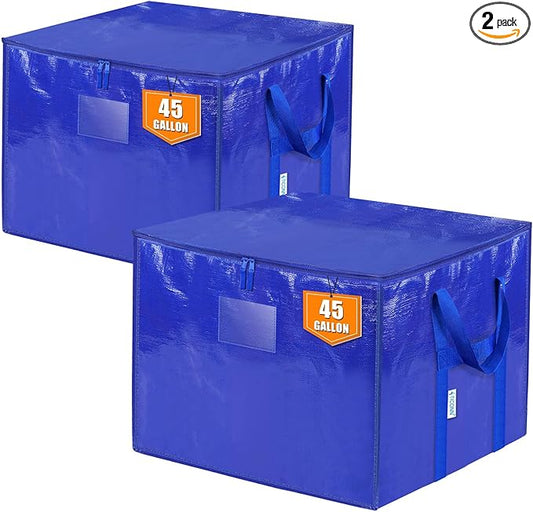 TICONN 2 Pack Extra Large Moving Bags with Zippers & Carrying Handles, Heavy-Duty Storage Tote Moving Boxes for Space Saving (2 PK, 45 Gallon)