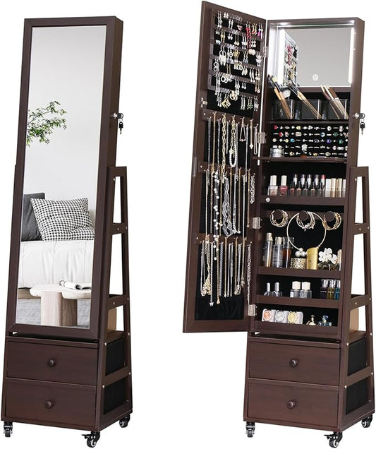 Rotating Standing Jewelry Cabinet with Lockable,Full Length Mirror with Storage Large Capacity Jewelry Organizer Armoire Floor Mirror with Back Storage Shelves for Bedroom Christmas Gifts Brown