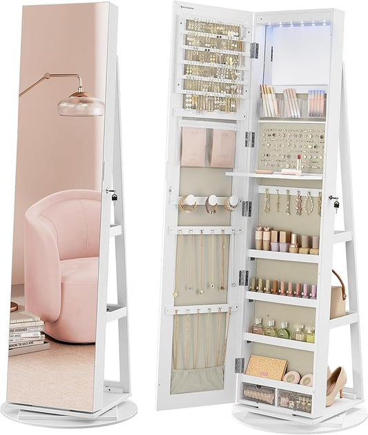 SONGMICS 6 LEDs Lockable Mirror Jewelry Cabinet, 360Â° Swivel Jewelry Organizer Armoire Standing, Frameless Full-Length Mirror, 3 Storage Shelves, White Surface, Greige Lining UJJC007W02V1