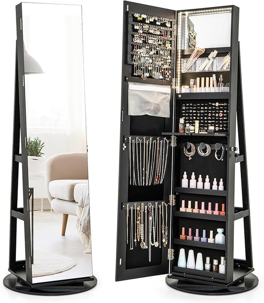 GOFLAME 360Â° Rotating Jewelry Cabinet with Full-Length Mirror, Standing Jewelry Armoire with 3-Color LED Light and Back Storage Shelf, Lockable Jewelry Organizer for Bedroom Cloakroom, Black