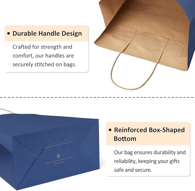 BagDream Navy Blue Gift Bags 8x4.25x10.5 100Pcs Kraft Paper Bags with Handles Bulk Medium Size for Shopping, Party Favor, Retail Merchandise Grocery Paper Sacks