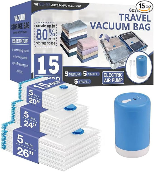 Cozy Essential 15 Pack Travel Vacuum Storage Bags with Rechargeable Wireless Electric Pump for Luggage, Suitcase, Carry-on Size Vacuum Seal Compression Space Saver Bags for Clothes and Clothing Travel