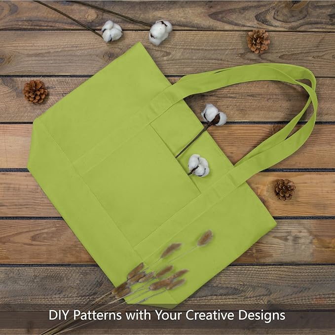 TOPDesign 3-Pack Canvas Tote Bags with an External Pocket, Reusable Grocery Shopping Bags, Top Zipper Closure, Daily Essentials (Light Green)