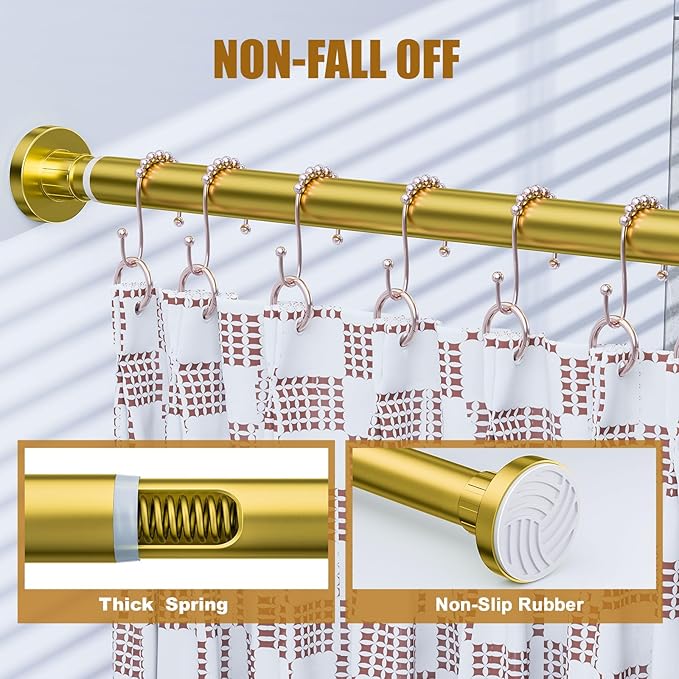 Ausemku Shower Curtain Rod 32-65 Inch Adjustable - 1 Inch Diameter Heavy Duty No drill Spring Tension Shower Rod, Non-Slip Rustproof Telescopic Rod for Bathroom, Gold