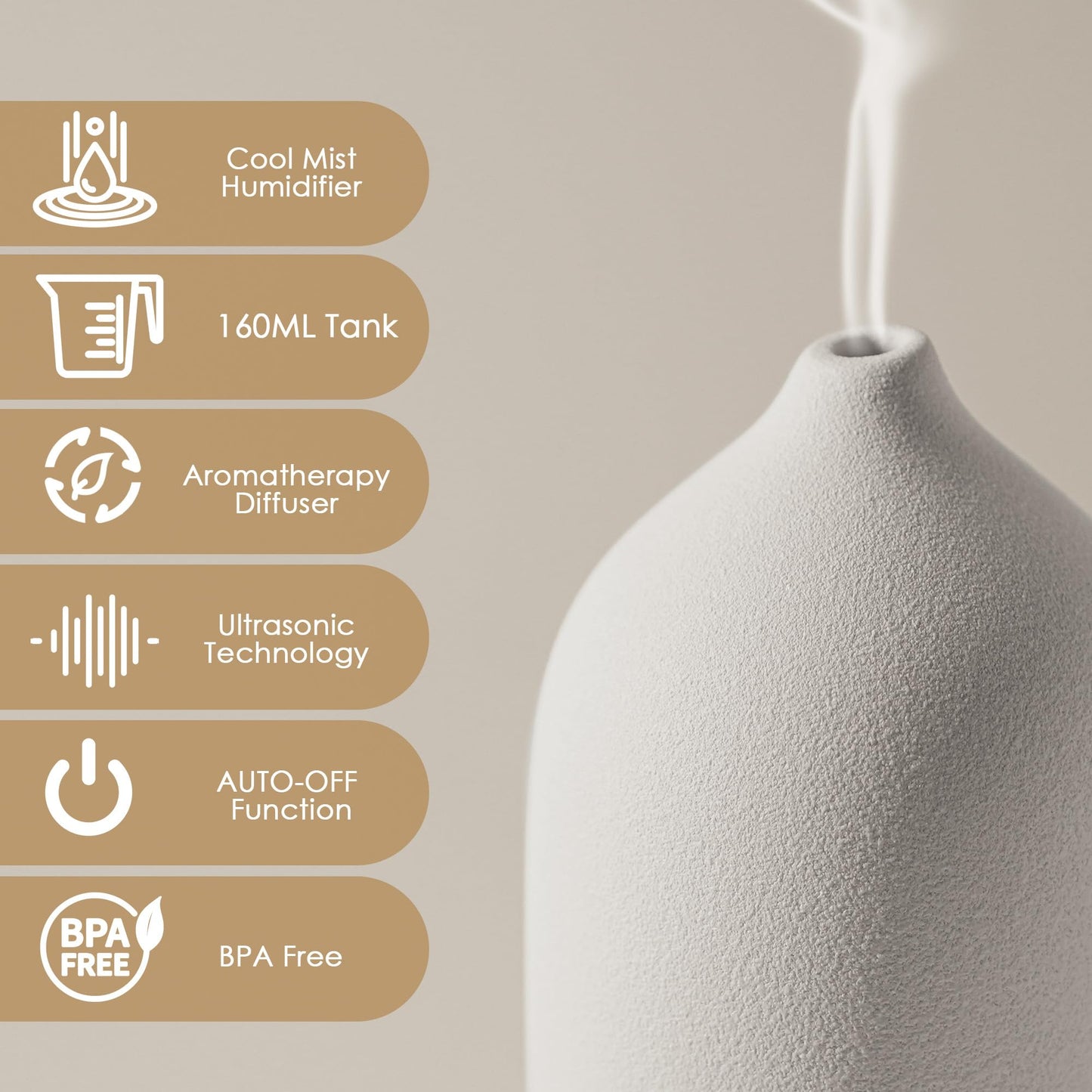 Diffuserlove Ceramic Essential Oil Diffuser 160ML for Room, Home, Bedroom - Aromatherapy Stone Diffuser White (Size: 6.8" H x 3.6" W)