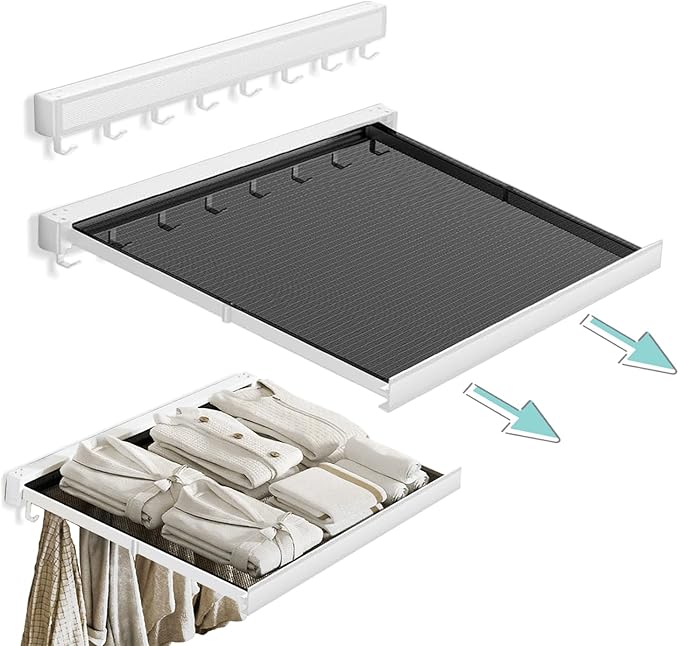 LETINE Wall Mounted Drying Rack: Retractable Indoor Clothes Drying Rack â Aluminum Alloy Frame w/Soft Mesh Surface. Laundry Rack & Temp Shelf for Balcony, Bathroom, Kitchen. Includes 6 Hooks.